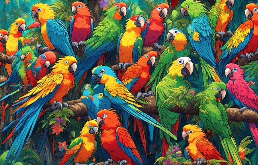 flock of colorful parrots