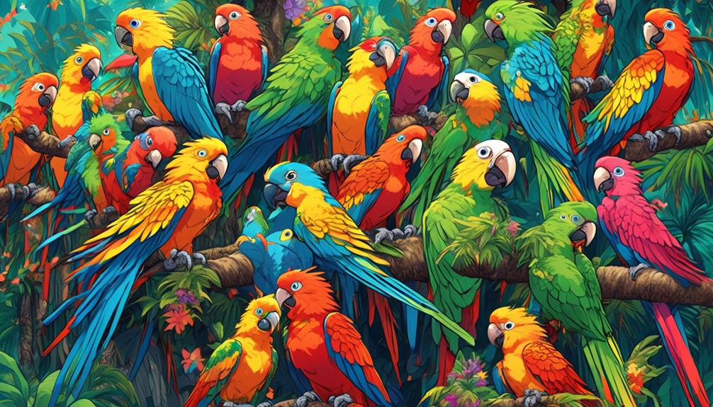 flock of colorful parrots